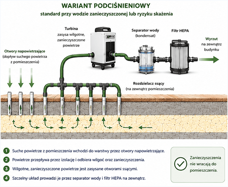 Schemat osuszania podposadzkowego — wariant podciśnieniowy