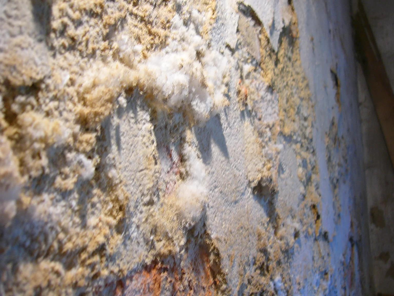 Białe mineralne wykwity solne na chropowatej powierzchni otynkowanego muru