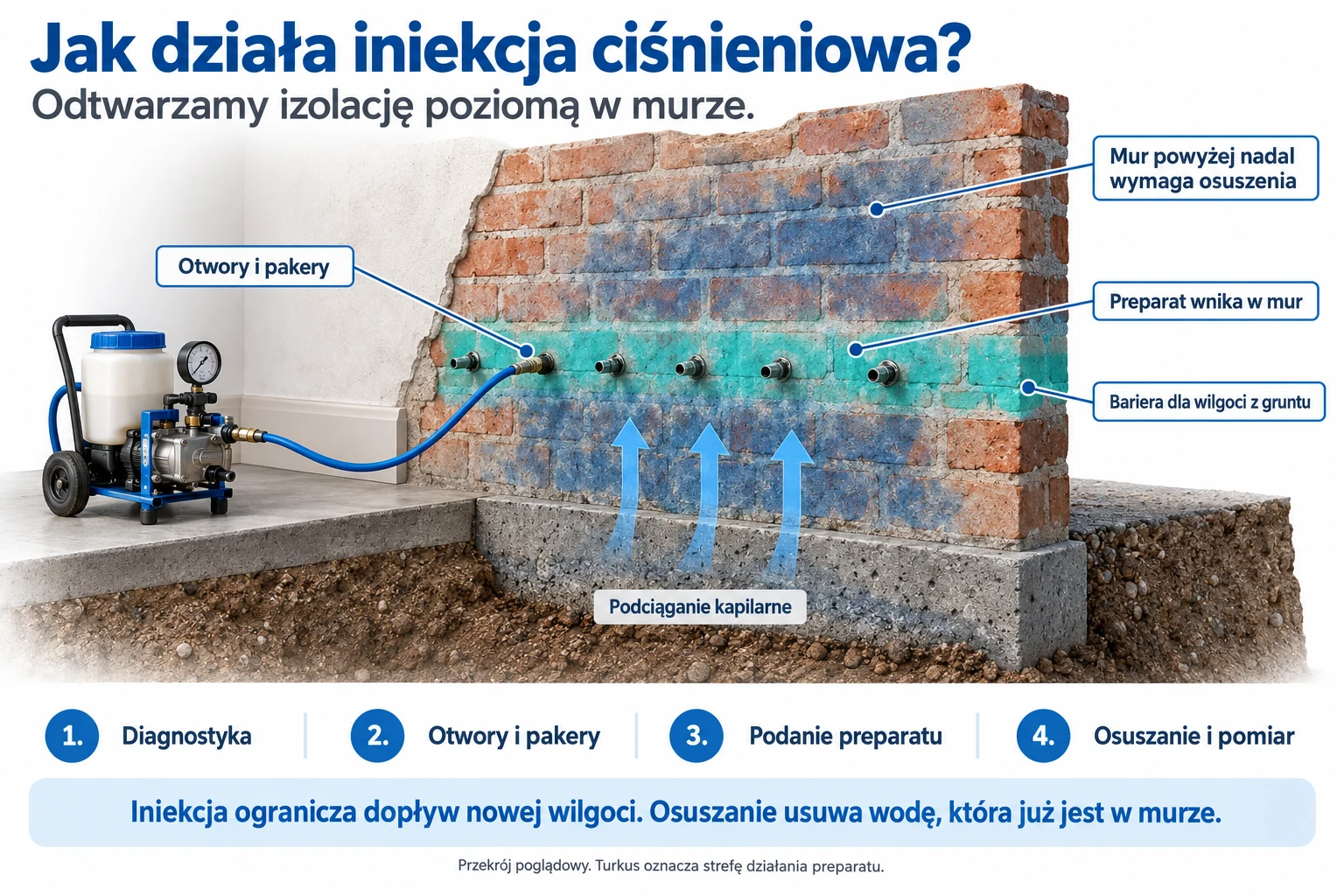 Przekrój ceglanego muru: pompa podaje preparat przez paker, a turkusowa strefa ogranicza podciąganie wilgoci z gruntu.