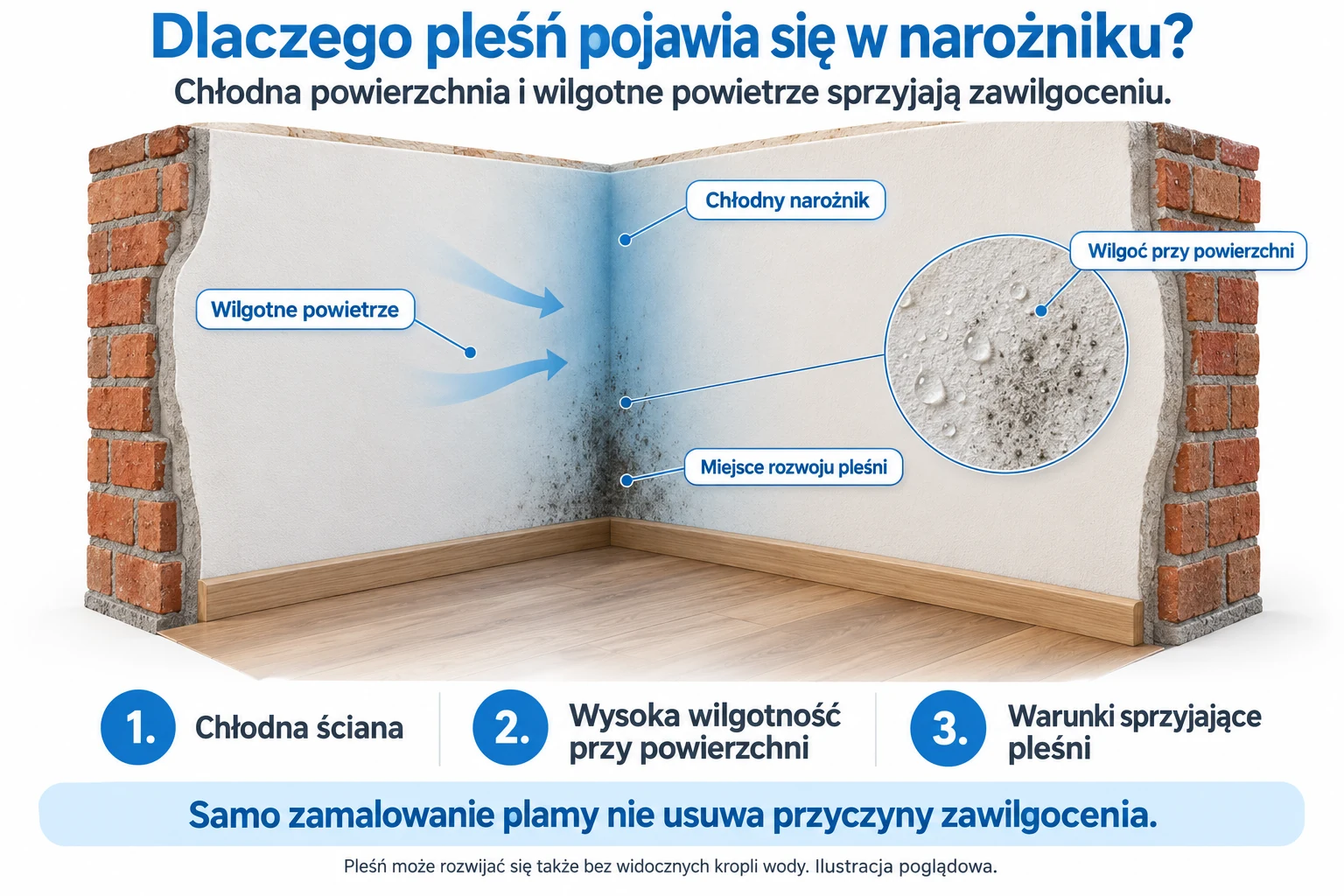 Chłodny narożnik z lokalną pleśnią; strzałki pokazują wilgotne powietrze, a powiększenie przedstawia zawilgoconą powierzchnię tynku.