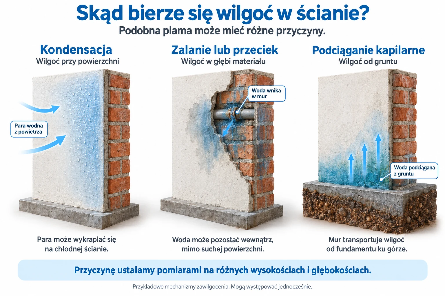 Trzy przekroje ściany: kondensacja na powierzchni tynku, przeciek zawilgacający mur oraz wilgoć podciągana od fundamentu.