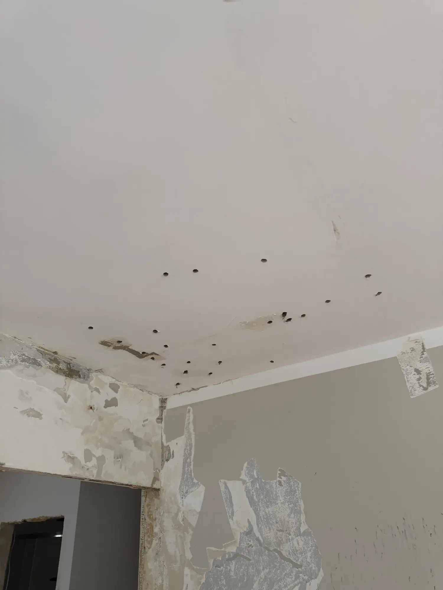Otwory w suficie oraz ślady zalania na ścianach pokoju